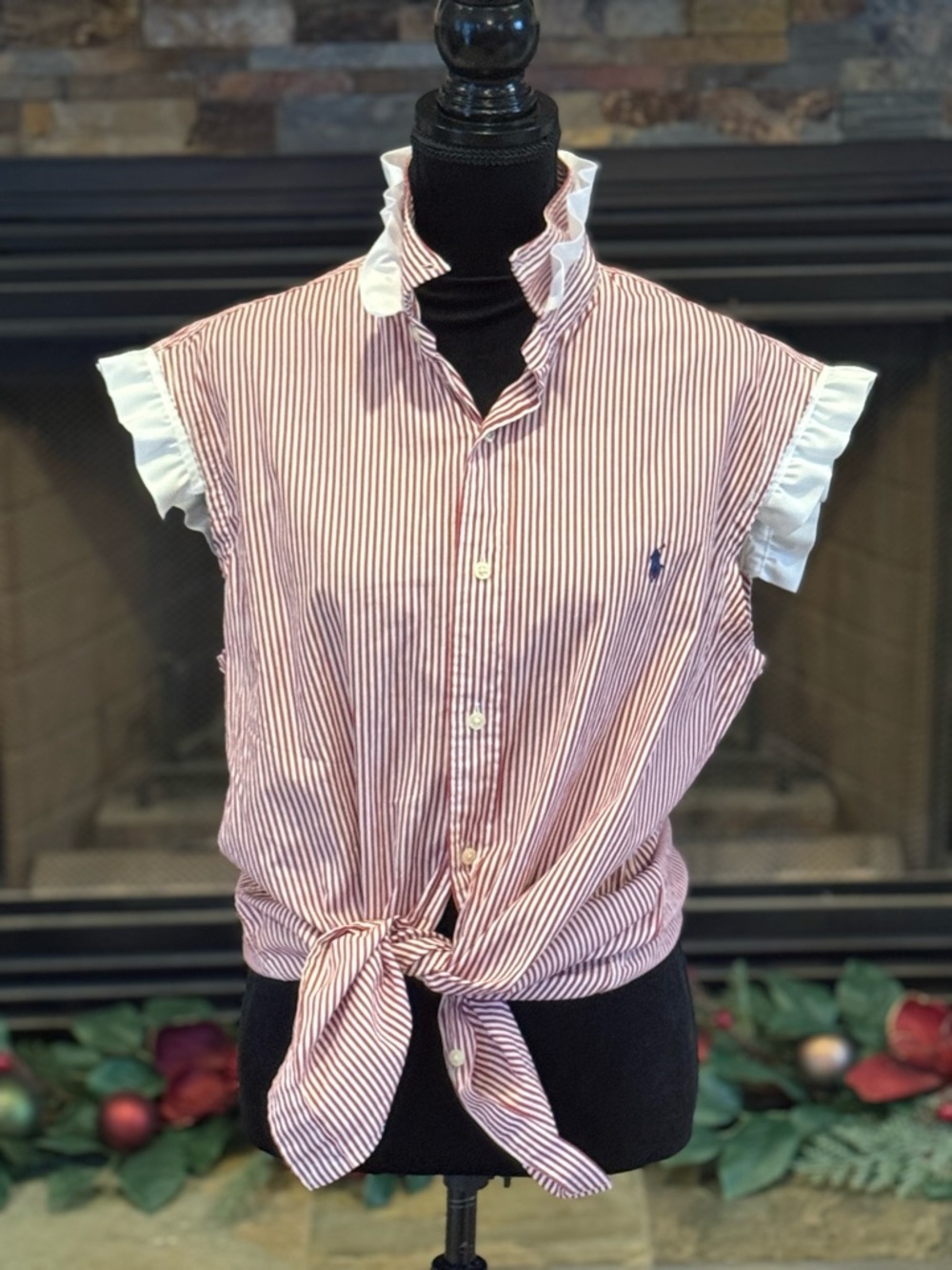 Upcycled Ralph Lauren Red & White Striped Sleeveless Shirt - Picture 1 of 5